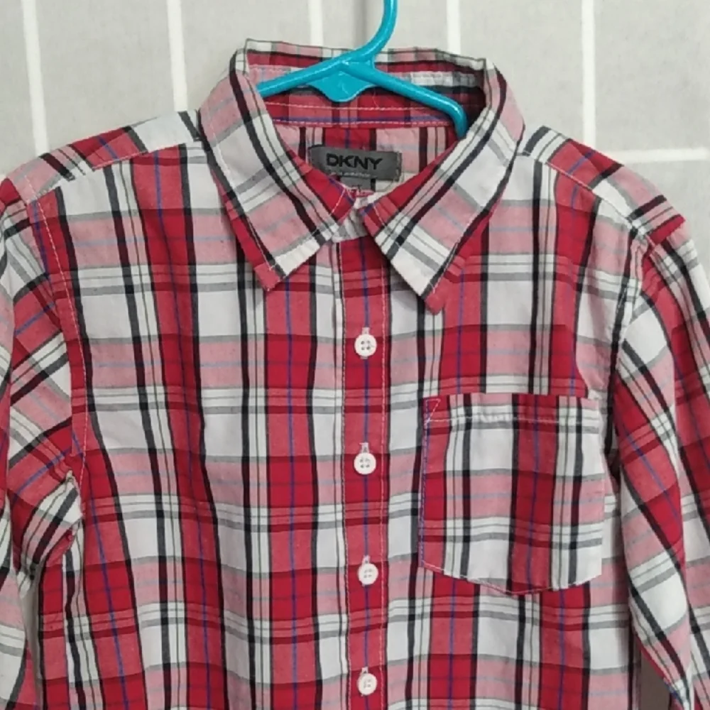 DKNY Kids Red and White Plaid Button Down Shirt 3T Long Roll Tab Sleeves‎